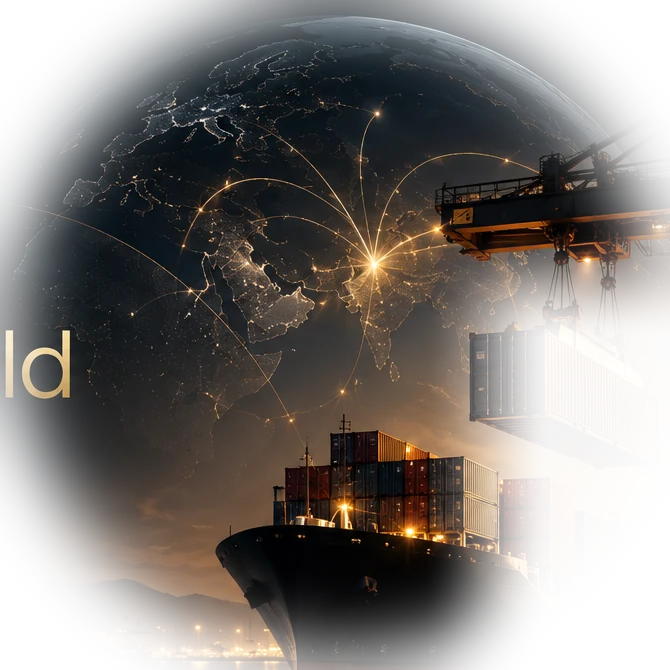 Dimly illuminated world with gold global trade routes