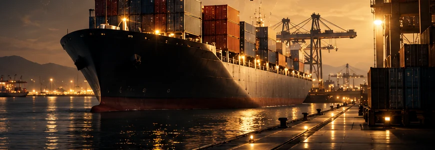 Container ship at an illuminated international port